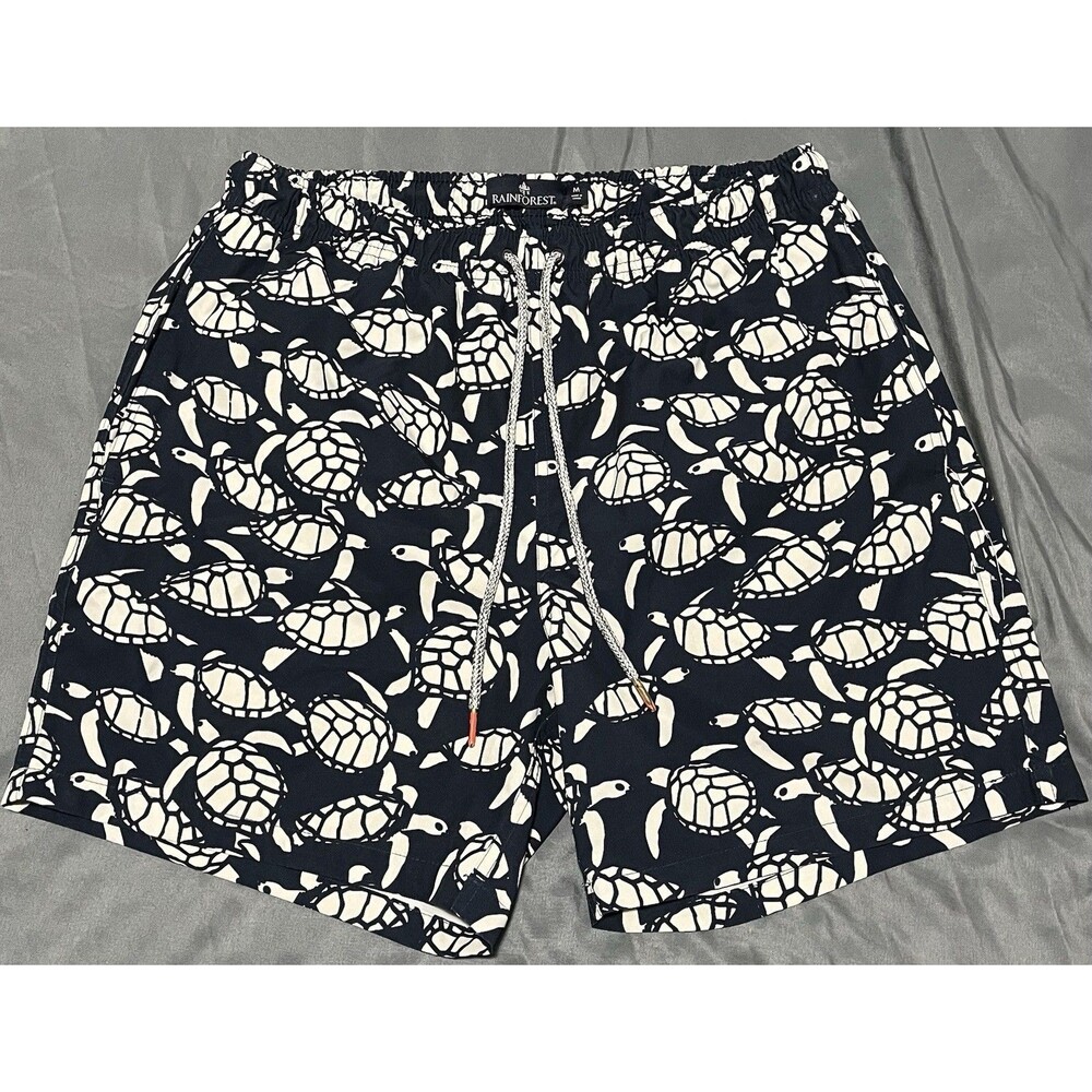 Rainforest Men's Navy Blue Mesh Lined Swim Trunks white turtle print Size M